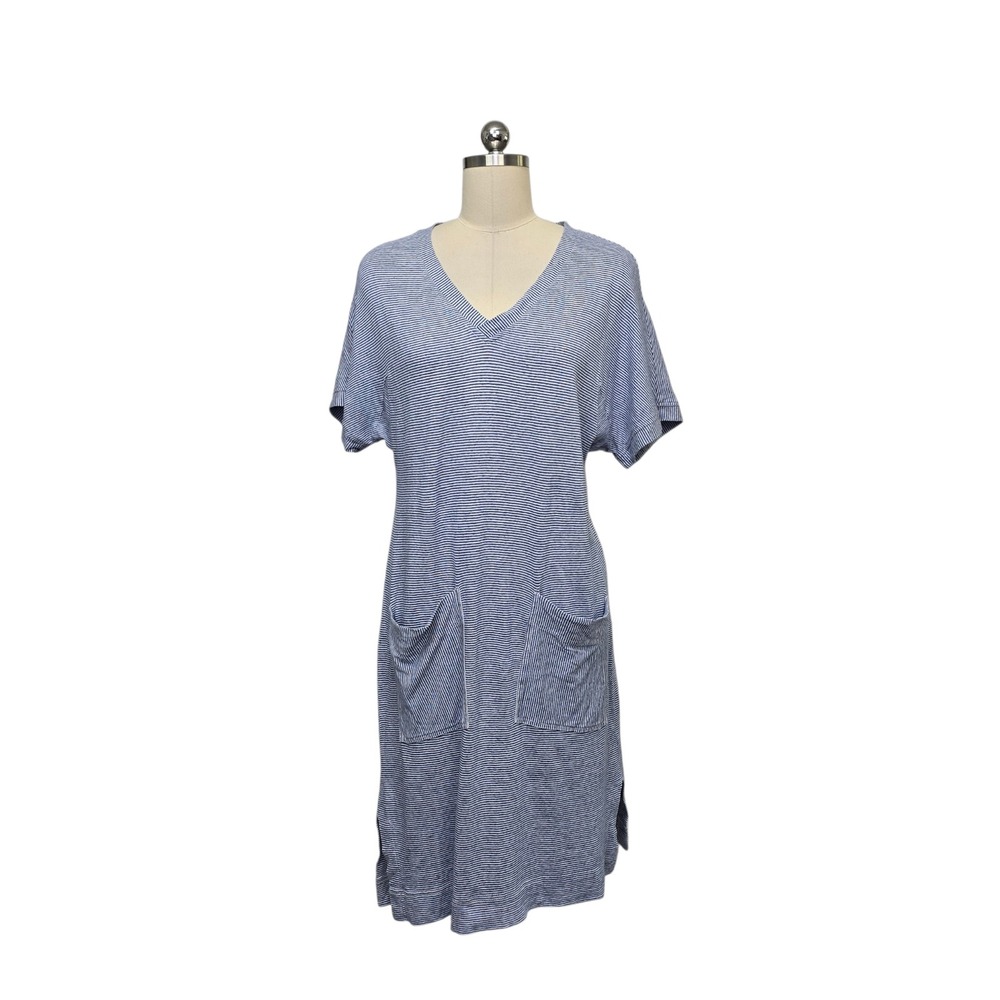 Poetry Blue White Striped Linen Cotton V-Neck Midi T-Shirt Dress Pockets US 8‎